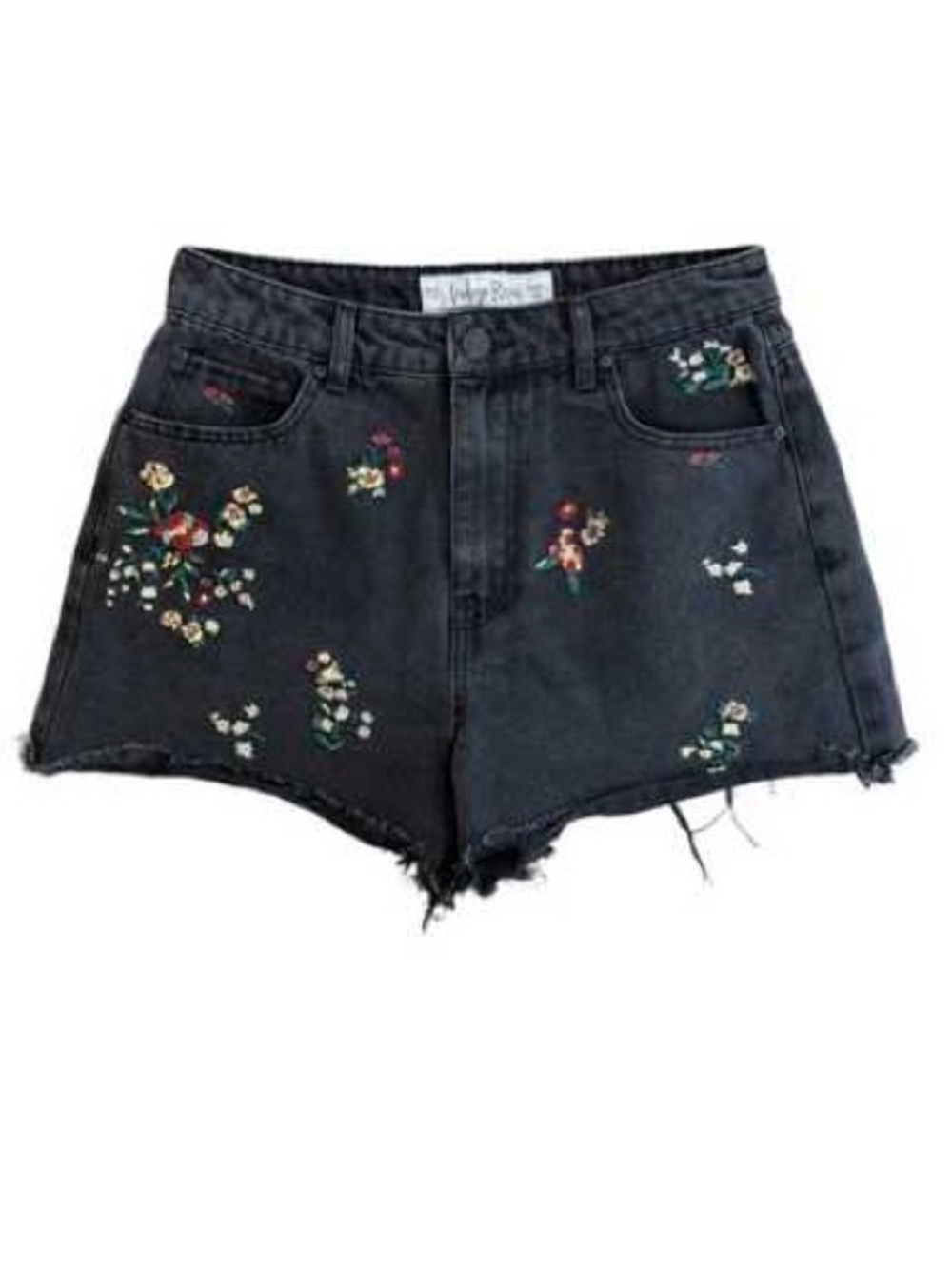 Indigo Rein black denim floral embroidered raw hem shorts size 15/31